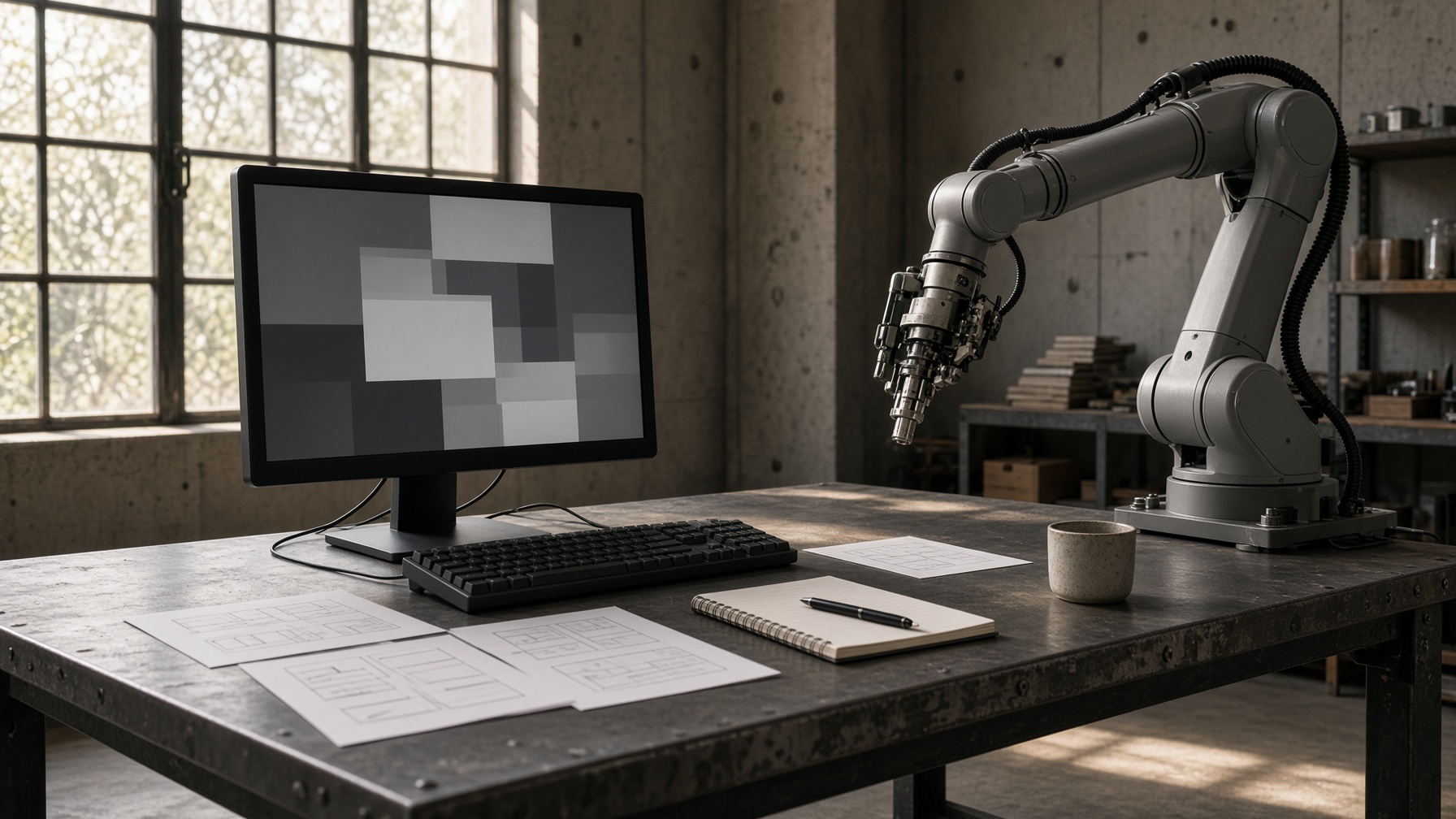 A workshop bench with a monitor, sketches, and an industrial robot arm